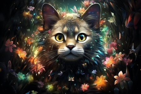 a digital painting of a cat surrounded by flowersの素材