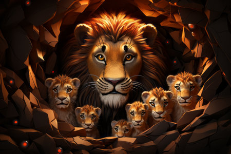 a lion family in a cave with several cubsの素材