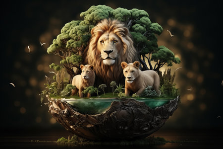 a lion and two cubs are sitting on an island surrounded by treesの素材