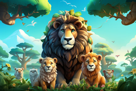 a lion and his cubs in the forestの素材