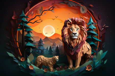 a lion and cub in the forest at sunsetの素材