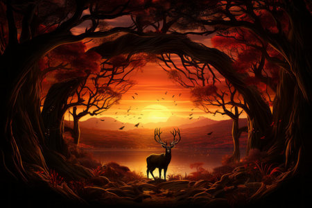 a painting of a deer in the woods at sunsetの素材