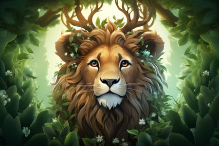 a lion with antlers in the middle of a forestの素材