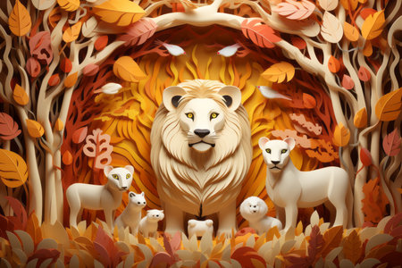 a paper cutout of a lion surrounded by a group of animalsの素材