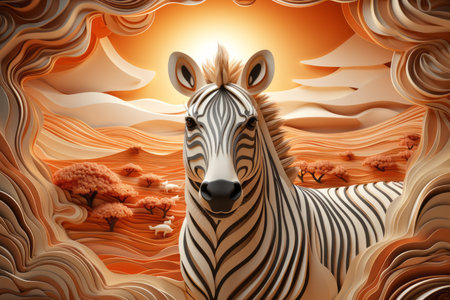 a zebra is standing in front of an orange backgroundの素材