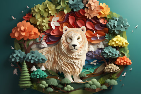 a paper cutout of a white lion surrounded by trees and flowersの素材