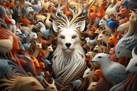 a white dog surrounded by many different animalsの素材