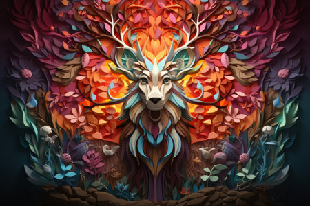an abstract painting of a deer surrounded by flowersの素材