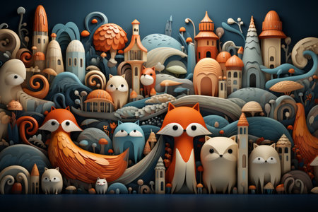 an illustration of a city with many different animalsの素材