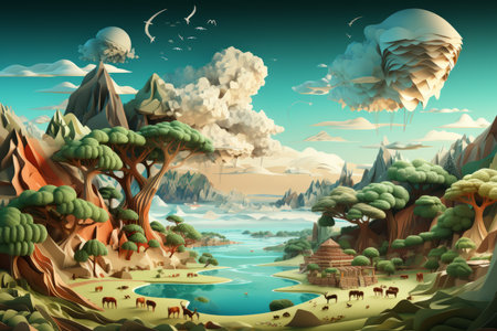 an illustration of a landscape with trees and mountainsの素材