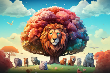 an illustration of a lion with many animals around itの素材