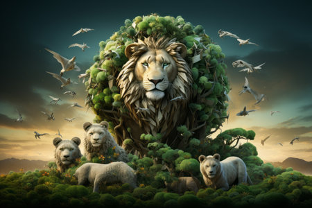 an illustration of a lion surrounded by trees and birdsの素材