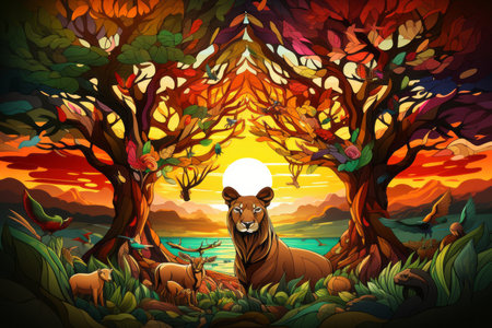 an illustration of a lion in the forest at sunsetの素材
