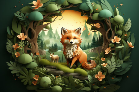 an illustration of a fox sitting in a wreath of flowersの素材