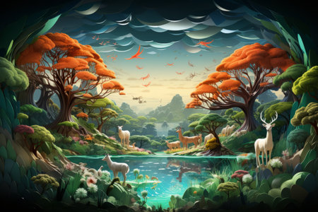 an illustration of a forest scene with deer and treesの素材