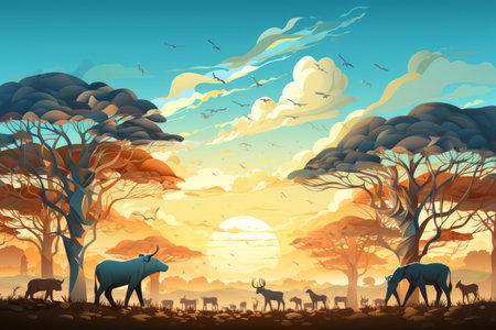 an illustration of an african sunset with elephants zebras and other animalsの素材