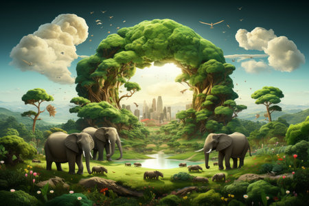 an illustration of three elephants in a forest with trees and a city in the backgroundの素材