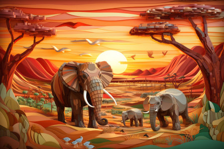 an illustration of an elephant family in the desert at sunsetの素材