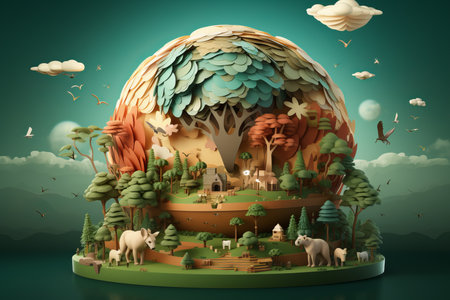 an illustration of an egg with animals and treesの素材