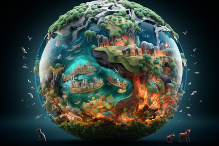 an illustration of an earth ball with an island and animals in itの素材