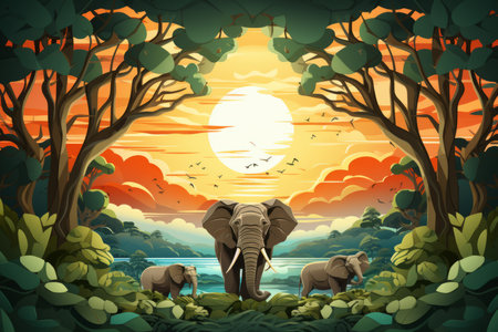 elephants in the jungle at sunsetの素材