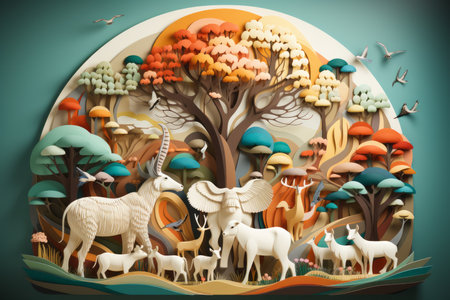 paper art of animals and trees in the forestの素材