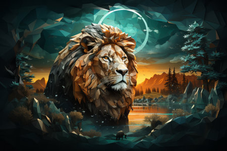 the lion is in the middle of the forest at sunsetの素材