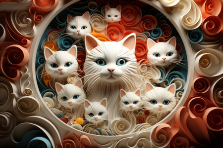 paper art of white cats surrounded by colorful swirlsの素材