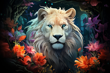 the white lion is surrounded by flowersの素材