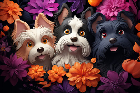 three dogs are surrounded by flowers on a black backgroundの素材