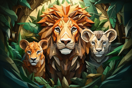 three lion cubs are surrounded by green leavesの素材
