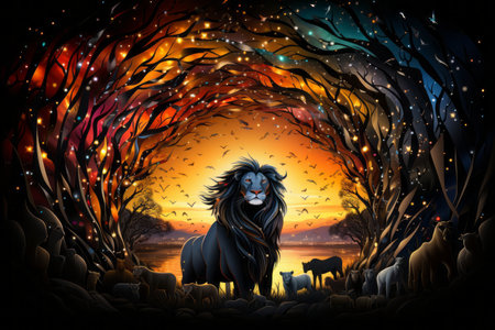 the lion is surrounded by trees and animals at sunsetの素材