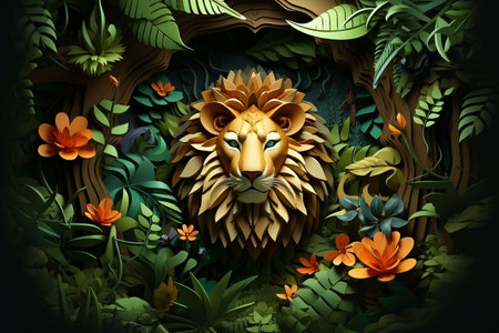 the lion is surrounded by flowers and leavesの素材
