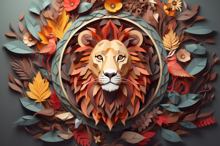 the lion is surrounded by leaves and flowersの素材
