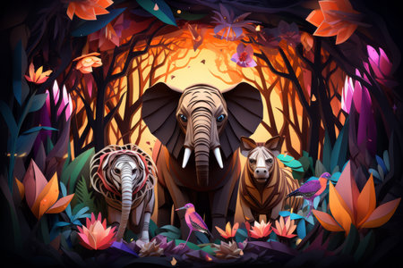 three elephants in the jungle at sunsetの素材