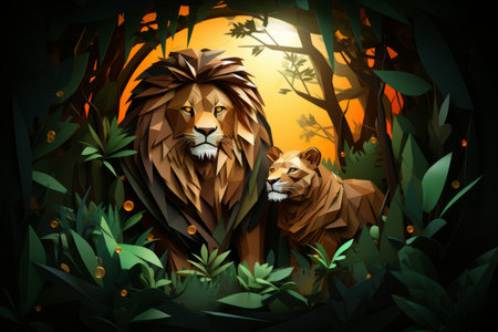 two lions in the jungle at sunsetの素材