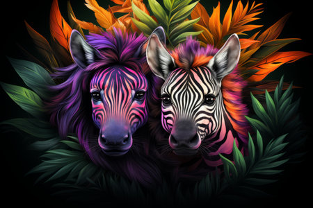 two zebras are surrounded by colorful plantsの素材