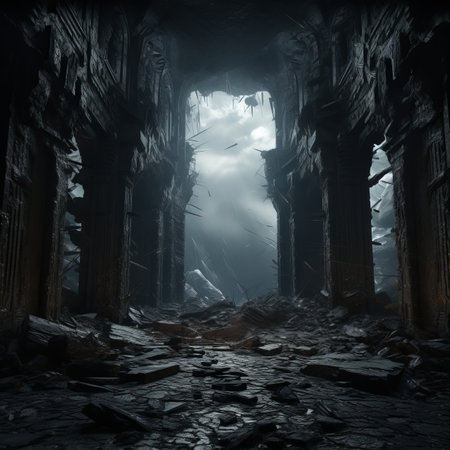 a dark empty room with rubble on the floorの素材