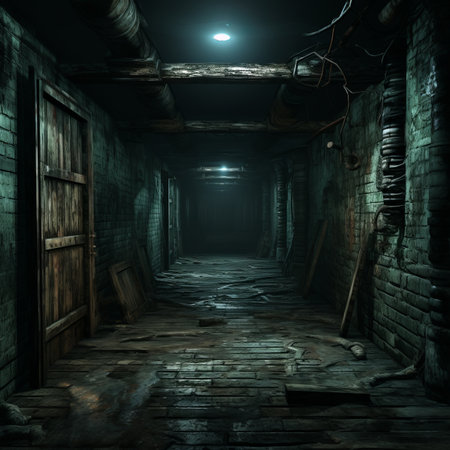 a dark alley with a light shining in the middle of itの素材