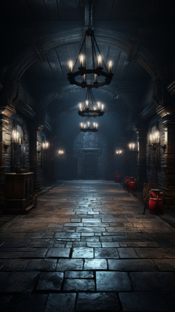 a dark empty room with chandeliers and lampsの素材