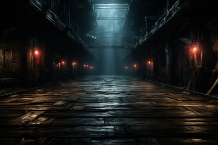 a dark alleyway with red lights on itの素材