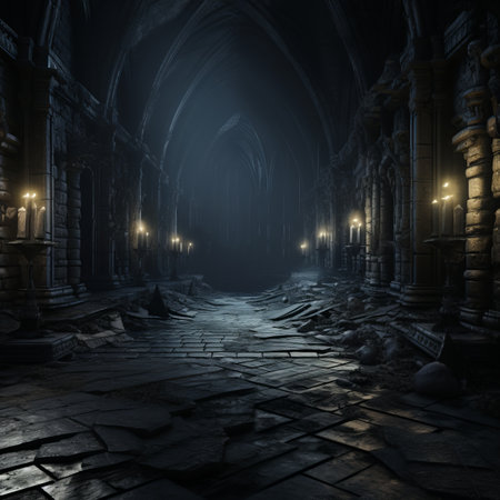 a dark empty room with stone walls and pillarsの素材