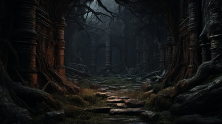 a dark forest with trees and stone pillarsの素材