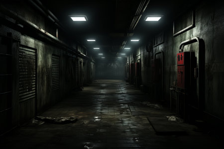 a dark empty hallway in an abandoned buildingの素材