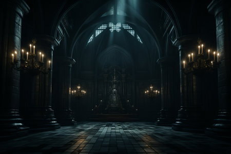 a dark gothic looking room with candles on the ceilingの素材