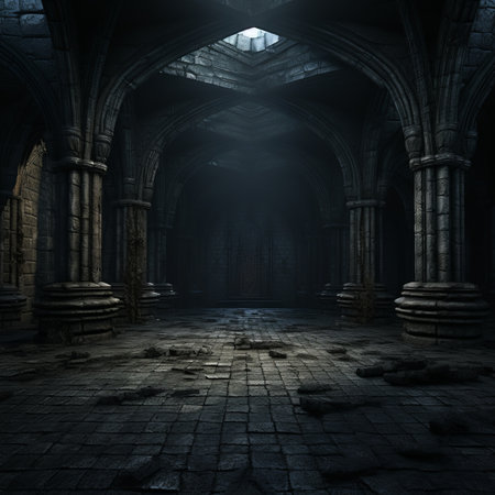 a dark empty room with pillars and archesの素材
