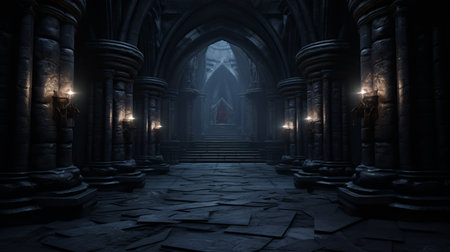 a dark gothic looking room with pillars and stairsの素材
