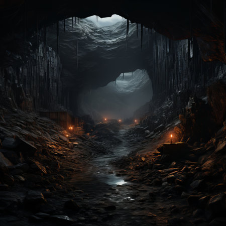 a dark cave with a light coming out of itの素材