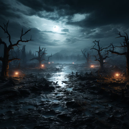 a dark forest at night with dead treesの素材