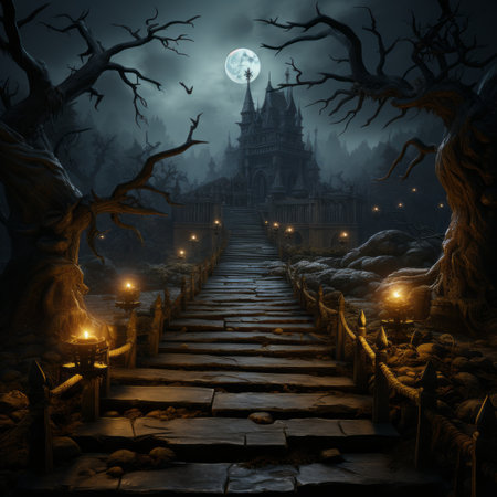 a halloween scene with a castle in the backgroundの素材